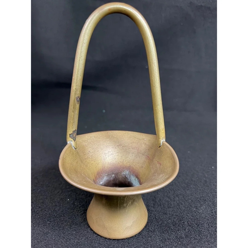 Vintage Solid Brass Flower Basket Vase Mid-Century Modern‎ Decorative MCM Handle